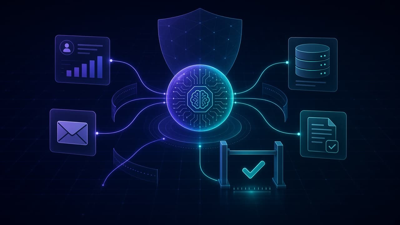 AI agent connected to business systems behind guardrails and an approval checkpoint
