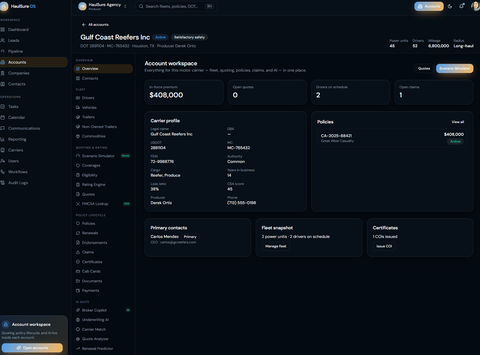 Gulf Coast Reefers account workspace overview with carrier profile, policies, fleet snapshot, and account AI suite navigation