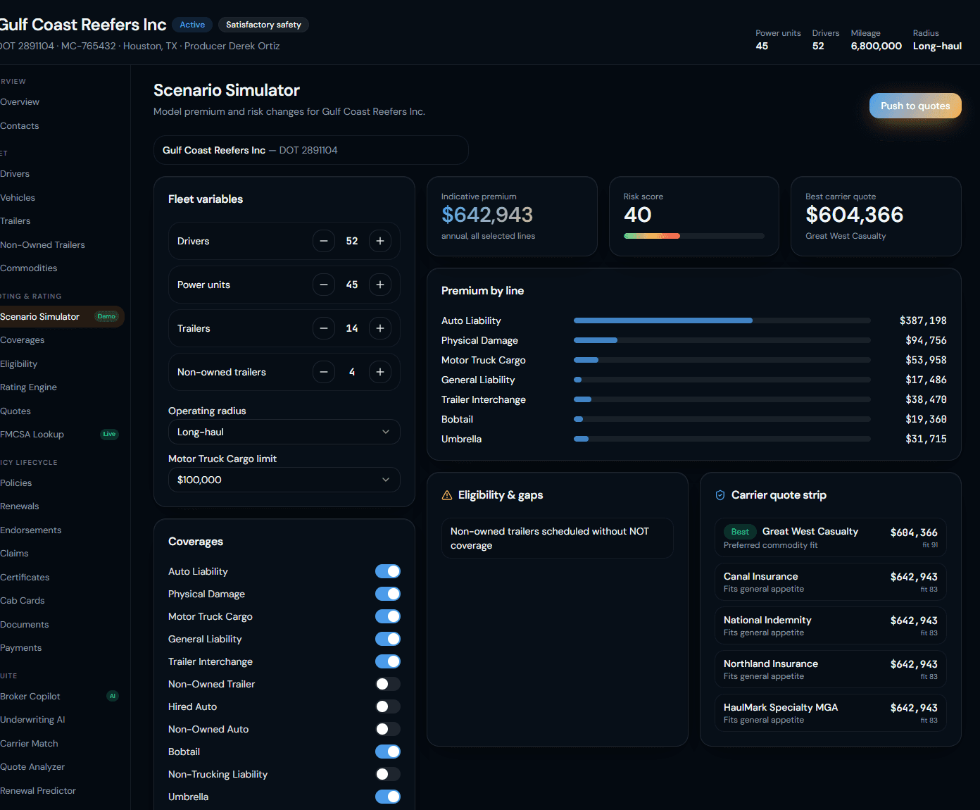 Scenario Simulator modeling fleet variables, coverages, indicative premium, risk score, and multi-carrier quote strip