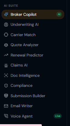 AI Suite navigation listing Broker Copilot, Underwriting AI, Carrier Match, Quote Analyzer, Renewal Predictor, Claims AI, and Voice Agent