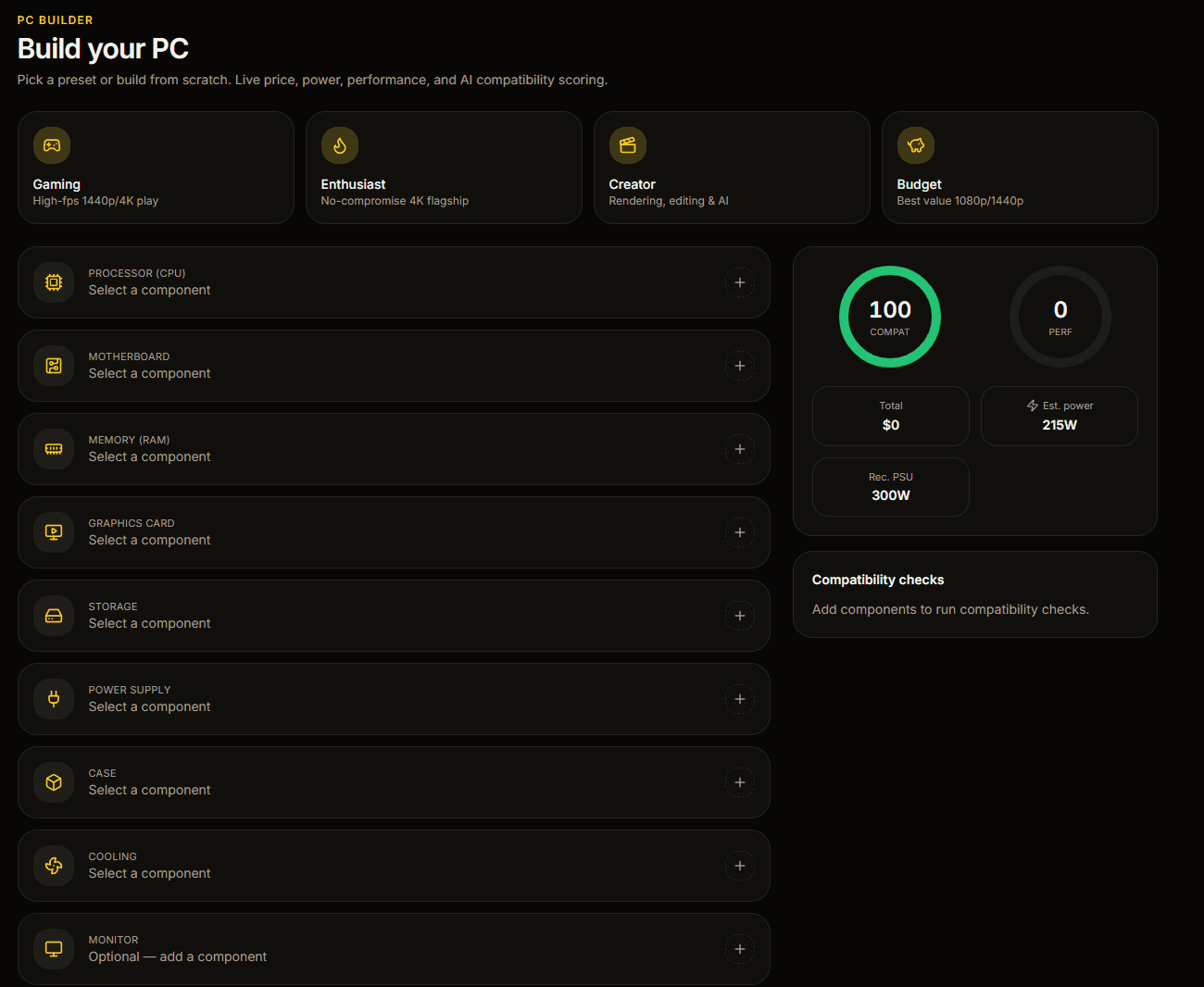 AI PC builder with live price, power estimation, and compatibility scoring