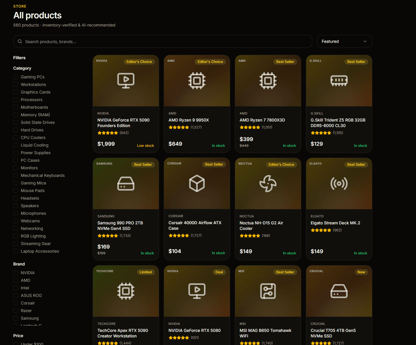 Thunder Tech Store AI-powered product catalog with inventory-verified, AI-recommended hardware
