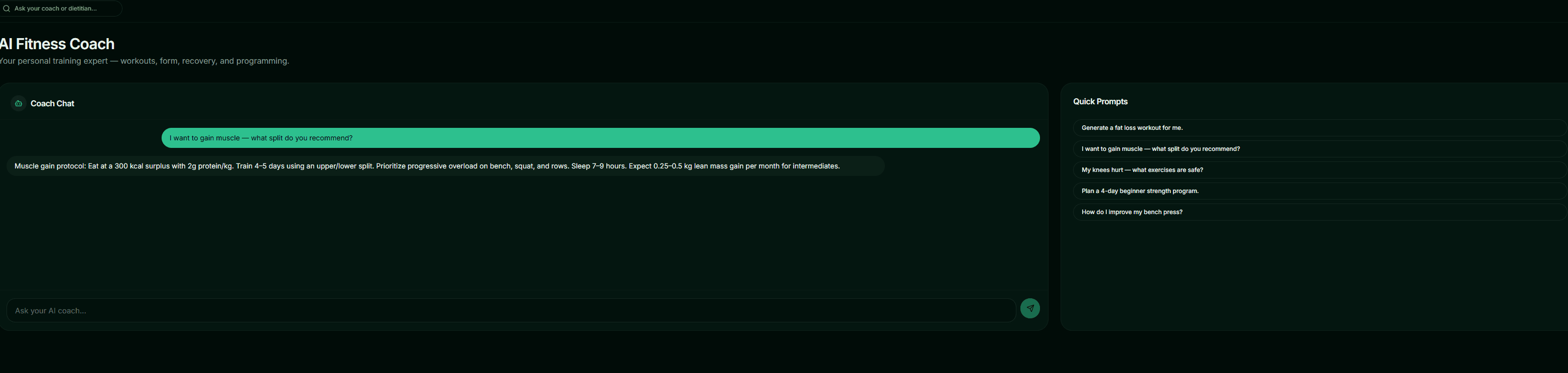 Hard-Guys AI fitness coach chat generating a personalized workout program for a member