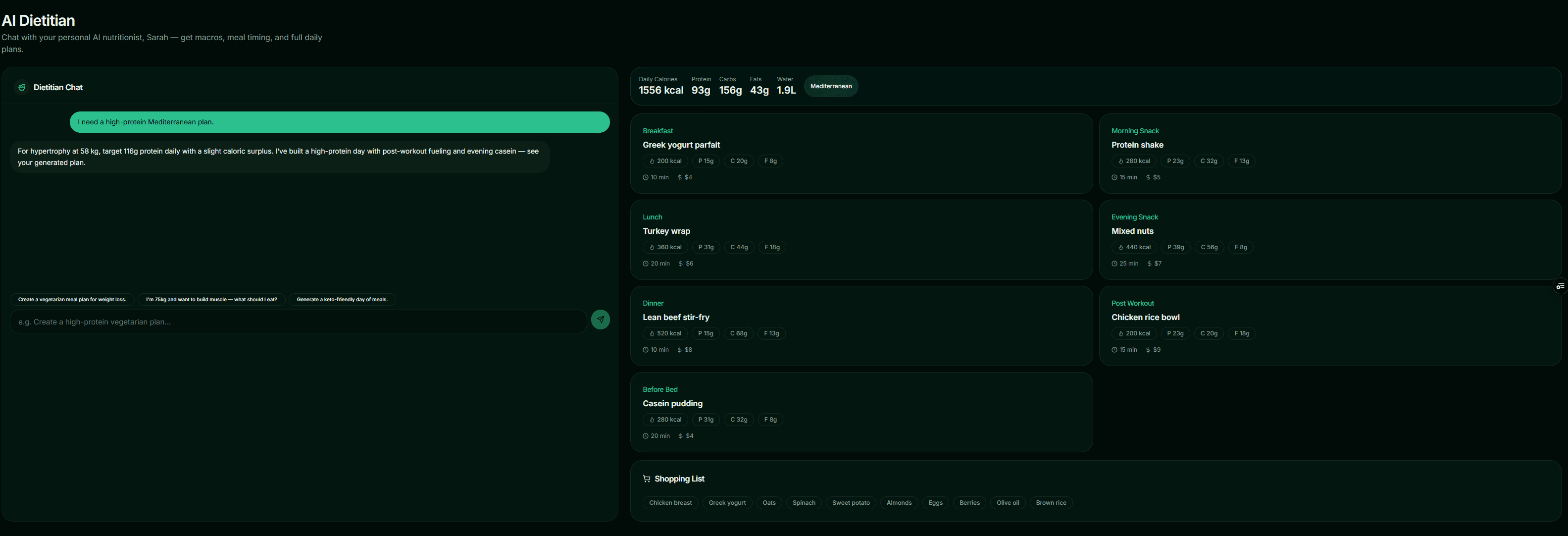 Hard-Guys AI dietitian generating a full day of meals with macros and a shopping list