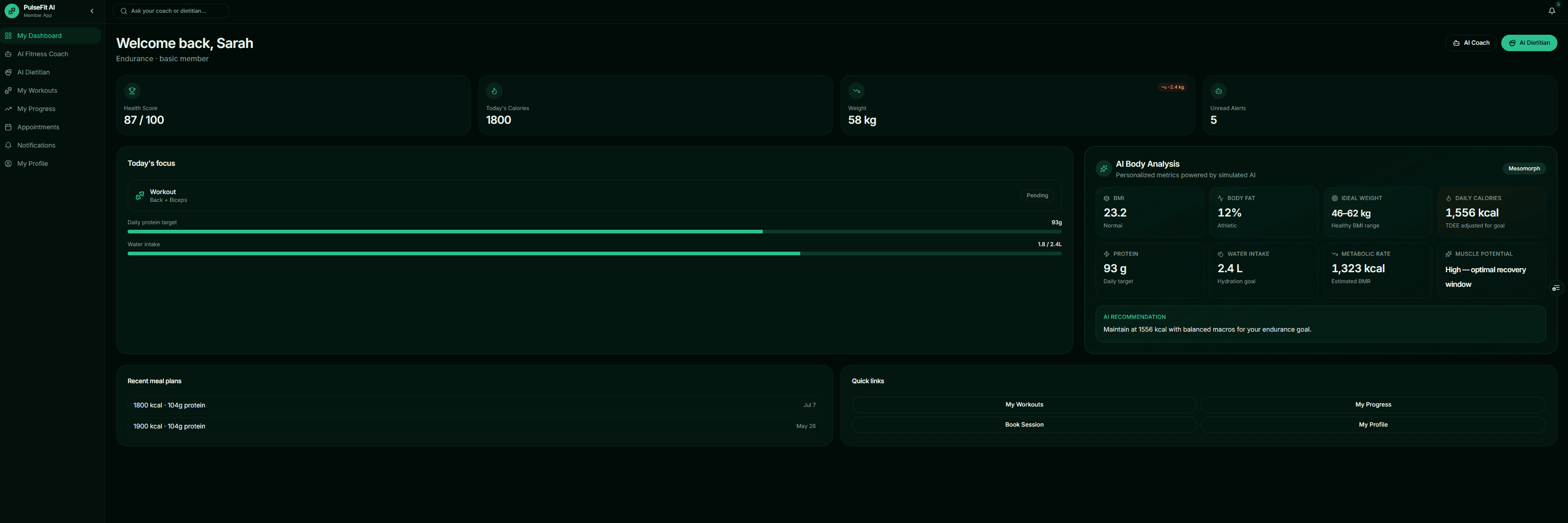 Hard-Guys AI member dashboard showing health score, AI body analysis, and daily focus