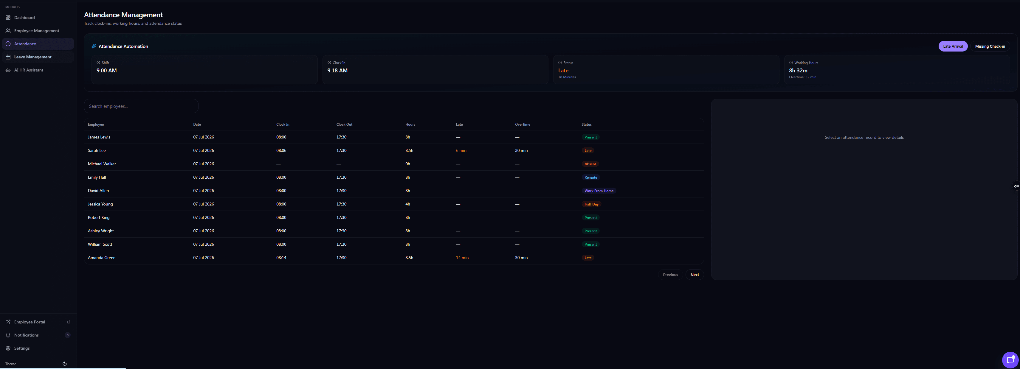 E-Vision HR attendance management dashboard with clock-in/out, working hours, and status tracking