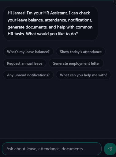 E-Vision AI HR Assistant answering employee questions about leave, attendance, and documents