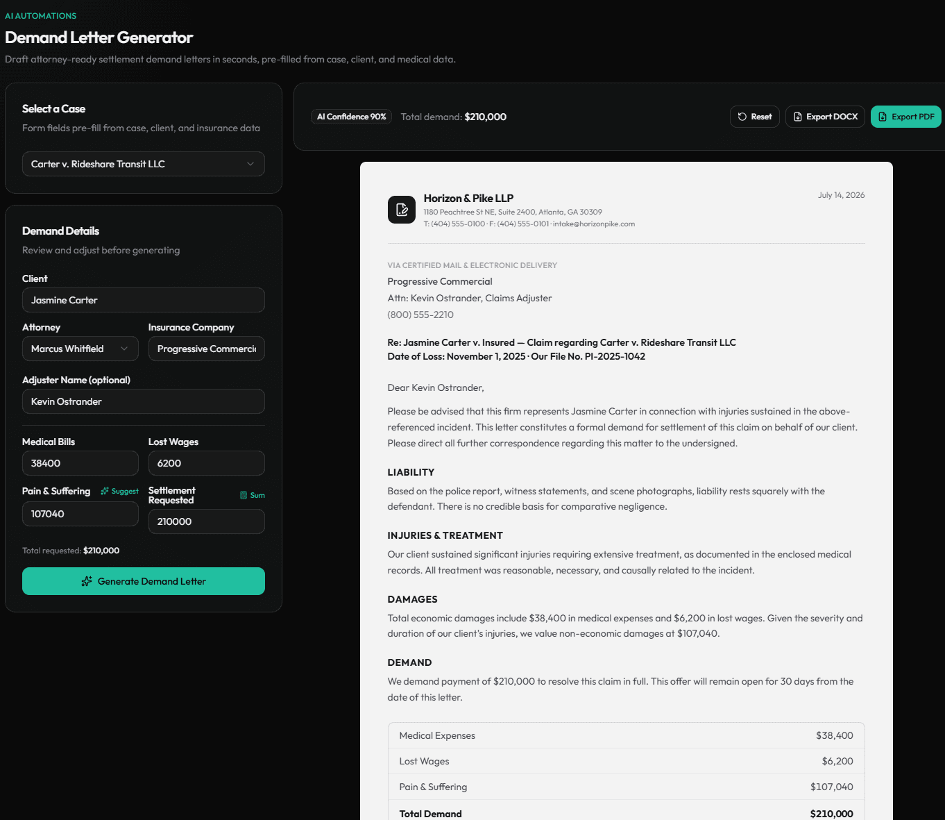 Demand Letter Generator drafting a settlement demand for Jasmine Carter with AI confidence and export options