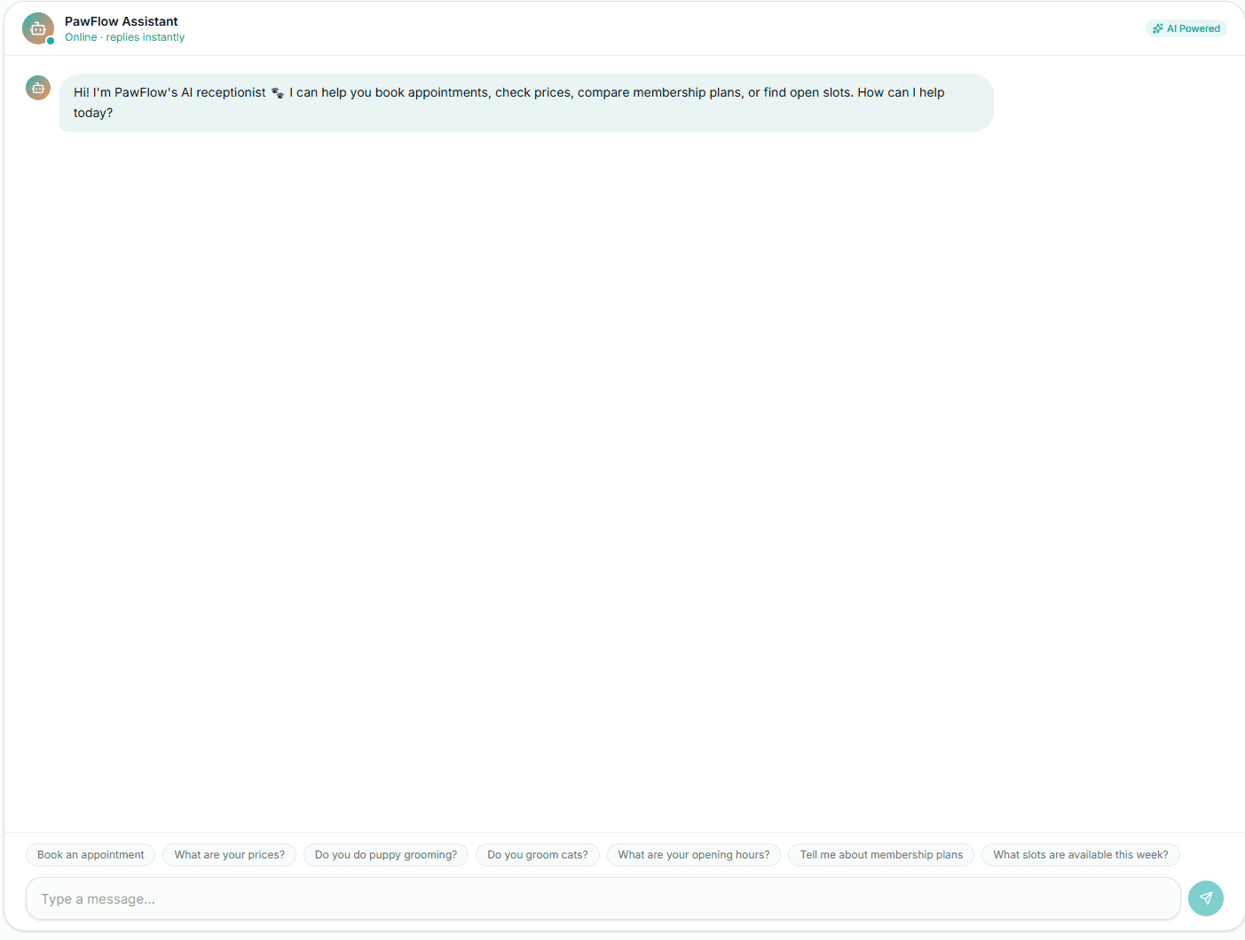 PawFlow AI receptionist chat interface answering pet grooming questions and booking appointments