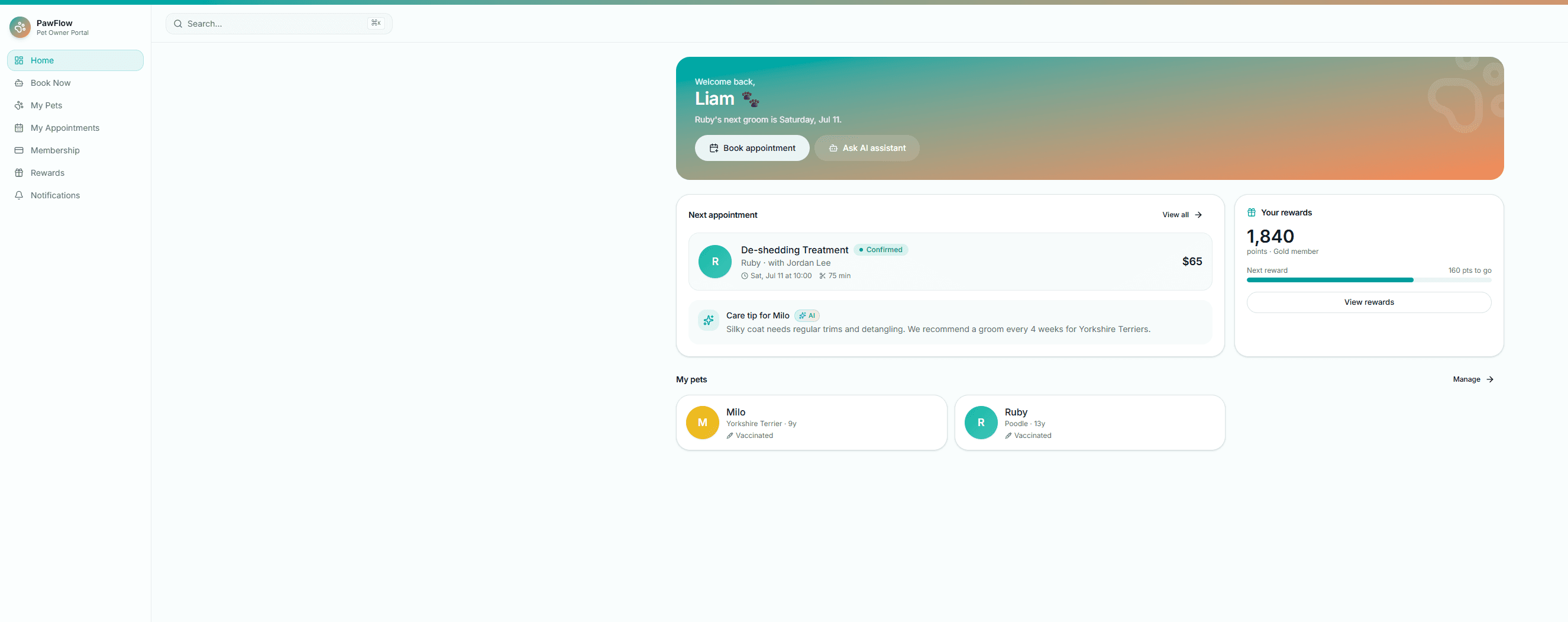 PawFlow AI pet owner self-service app showing next appointment, pets, loyalty rewards, and AI care tips